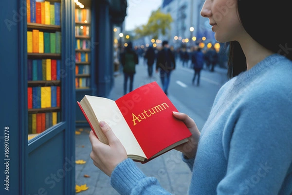 Obraz A person stands on a city sidewalk holding an open book with the word "Autumn" printed in gold, surrounded by warm seasonal colors.