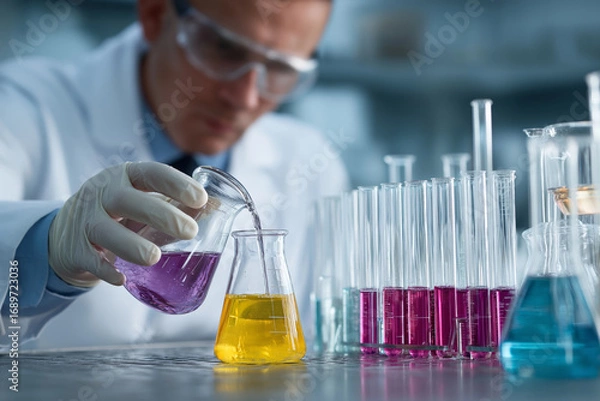 Fototapeta Lab Technician Pours Liquid Into Flask