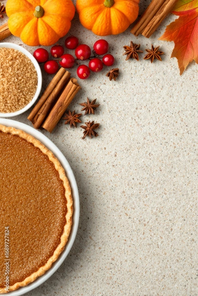 Fototapeta Vertical top view of pumpkin pie with cinnamon, star anise, and autumn leaves on pastel background, cozy seasonal flat lay with copy space
