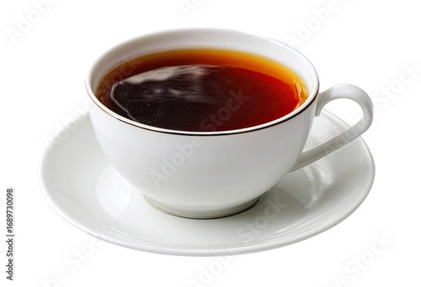 Fototapeta A full, rich cup of dark tea sits in a white porcelain teacup and saucer, isolated against a black background.  The tea is a deep amber color, reflecting light.  