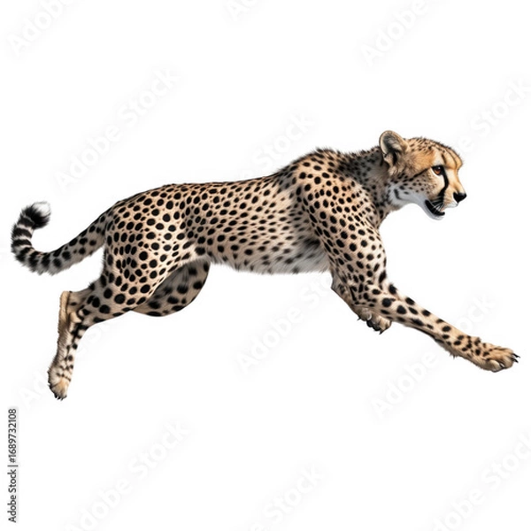 Fototapeta Cheetah in Motion: A striking cheetah, with its iconic spotted coat, is captured in full stride against a vivid background, embodying speed and agility.