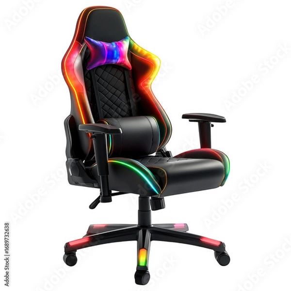 Fototapeta Gaming Chair: A high-tech gaming chair is illuminated by a spectrum of vibrant colors.