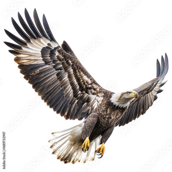Fototapeta Majestic Eagle in Flight: A symbol of freedom and power, an American bald eagle soars gracefully against the sky, its wings fully extended in a captivating display of strength and elegance.