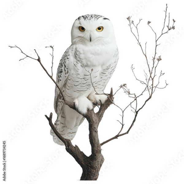 Fototapeta Majestic Snowy Owl on Branch: Captivating portrait of a majestic snowy owl perched serenely on a branch, its piercing yellow eyes conveying wisdom and vigilance. This striking bird of prey.