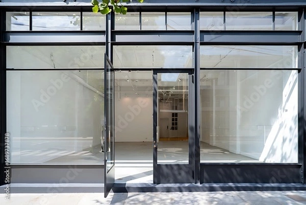 Fototapeta Modern minimalist architecture exterior featuring white walls, black framed window and door, empty space for advertising, banner, business display, logo mockup, real estate, and commercial.