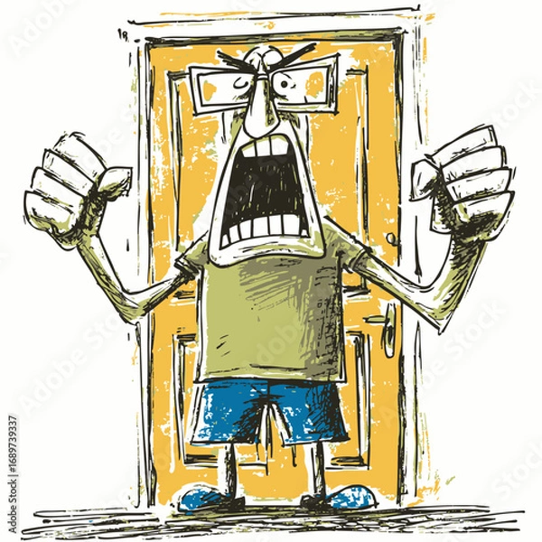 Obraz Furious man with clenched fists and open mouth yelling in front of a doorway, expressing extreme anger and frustration