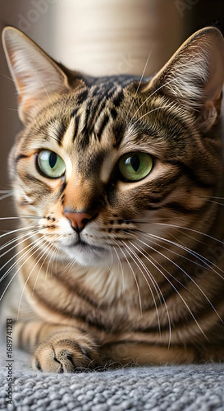 Fototapeta Behold the captivating beauty of a Brown Tabby Cat in this stunning portrait. The feline's piercing Green Eyes draw you in, while its intricate coat pattern and graceful pose exude elegance and charm.