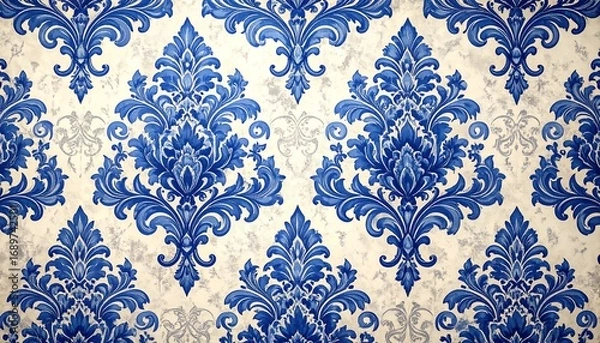 Obraz Blue damask wallpaper. Ornate floral pattern with swirling, symmetrical motifs in dark blue against an off-white, textured background. Repeating vintage design