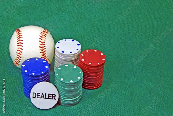 Obraz poker chips on a green table and a baseball ball