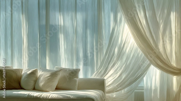 Fototapeta White sheer curtains blowing gently in a sunlit room, partially obscuring a beige couch with pillows.