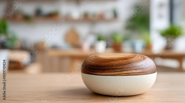 Fototapeta Wooden and ceramic container on a wooden table in a blurred kitchen background.