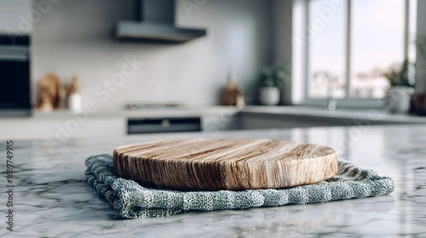 Fototapeta Wooden cutting board on a gray countertop in a modern kitchen.