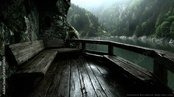 Fototapeta Wooden bench and railing overlooking a lake in a mountain valley.