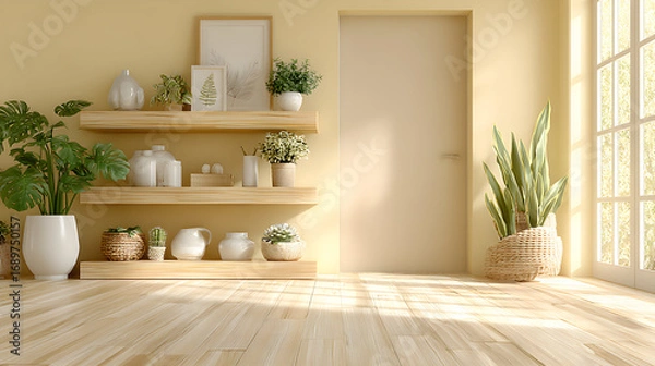 Fototapeta Wooden shelves with plants and vases in a room with a large window.