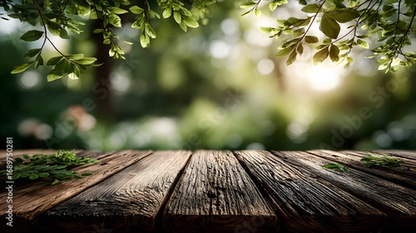 Fototapeta Wooden table in a blurred forest background.