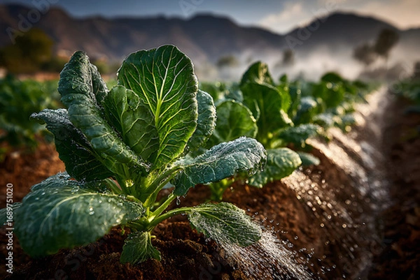 Fototapeta Close-up of leafy green plants growing in a field with mountains in the background.