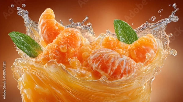 Fototapeta Close-up of mandarin orange segments splashing in juice