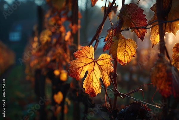 Fototapeta Close-up of orange and red autumn leaves on a vine.