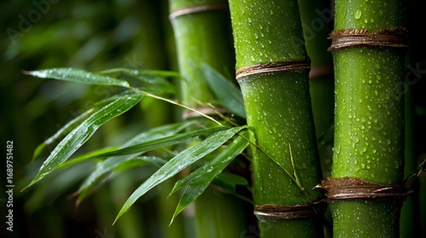 Fototapeta Close-up of several green bamboo stalks with leaves.
