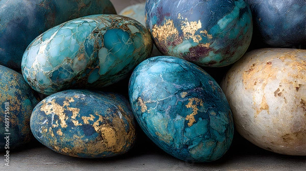 Fototapeta Close-up of several dyed eggs in teal, blue, and beige tones.