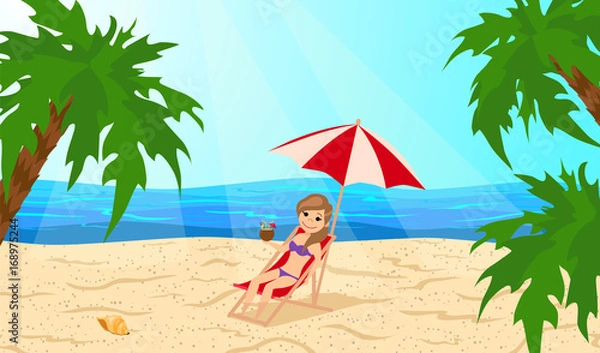 Fototapeta Girl in a lounge chair under an umbrella on the beach. The cartoon style. Vector illustration.
