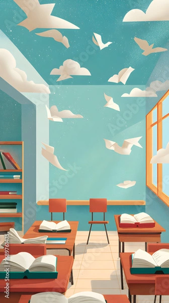 Obraz Empty classroom with open books and paper birds flying in the sky evokes a sense of learning, imagination, and tranquility, creating a peaceful and inspiring atmosphere.