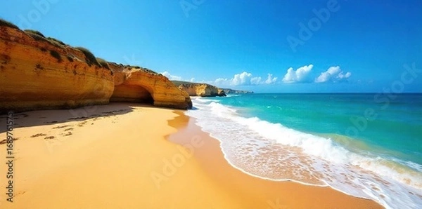 Obraz Algarve Coastline Golden Sands, Turquoise Waves, Relaxing Coastal Scene
