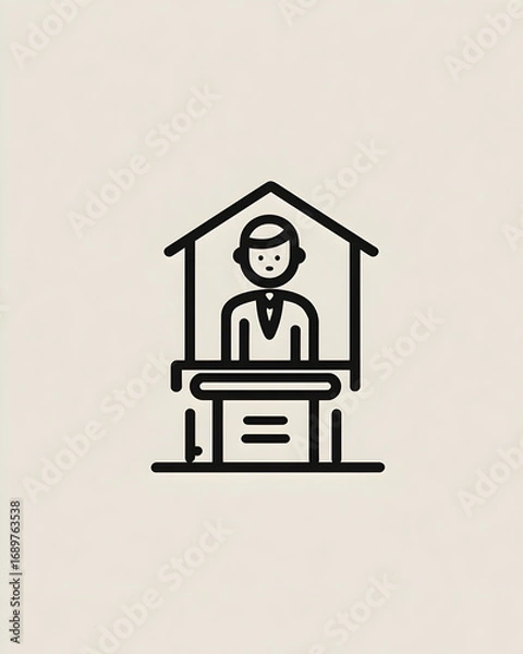 Fototapeta Man stands behind counter in small booth at outdoor market, selling goods with neutral expression and simple line art style.