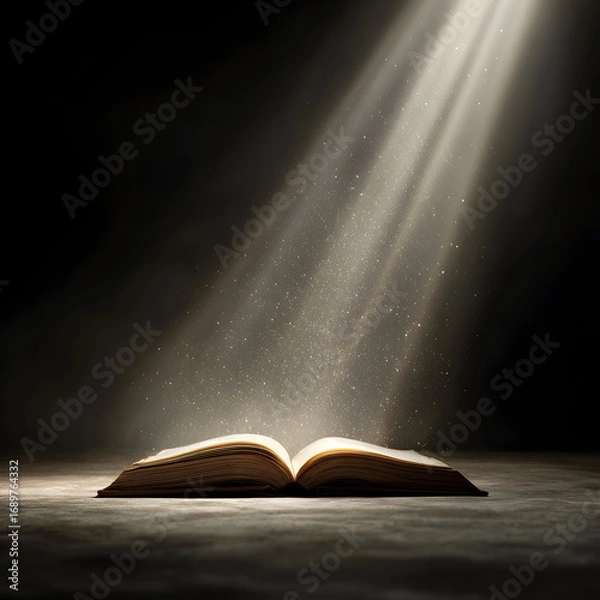 Fototapeta Open book illuminated by a single ray of light in a dark room, symbolizing knowledge, wisdom, and the power of learning in a dramatic and inspiring scene.