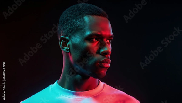 Fototapeta A young man stands against a dark background, illuminated by vivid blue and red lights that highlight his features and create a dramatic atmosphere, conveying deep emotion and thoughtfulness