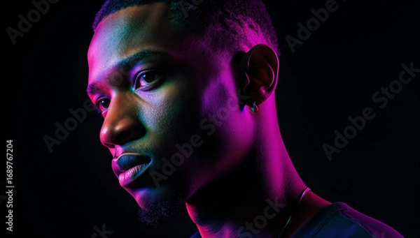Fototapeta A young man poses with a serious expression, showcasing his earring. Soft, colorful lights define his facial features, creating a striking contrast with the dark backdrop