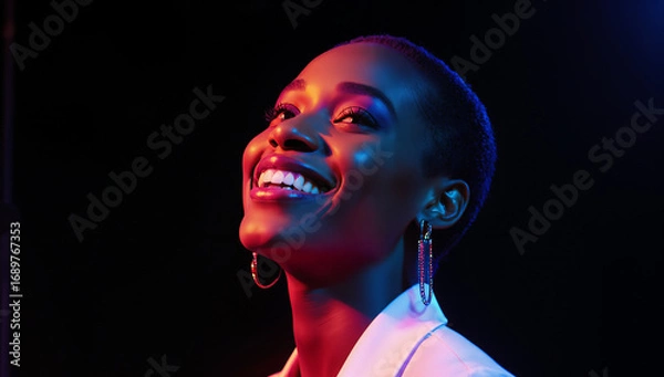 Fototapeta A woman with a bright smile stands against a dark background illuminated by colorful lights. Her joyful expression captures the mood of the artistic setting, showcasing confidence and beauty