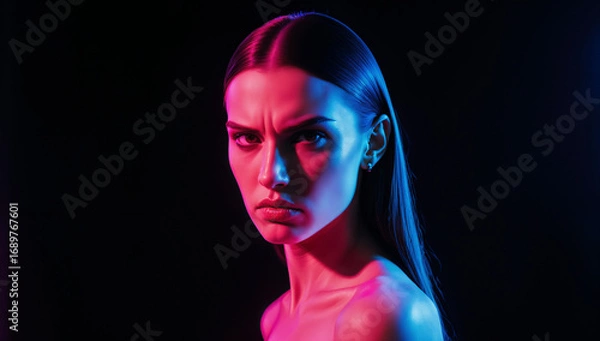 Fototapeta A model stands against a dark background, illuminated by vivid pink and blue lights. She displays a serious, intense expression that captures attention
