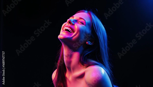 Fototapeta A woman with long hair laughs heartily, illuminated by vibrant colored lights against a dark background. Her expression conveys pure joy and happiness, creating a lively atmosphere