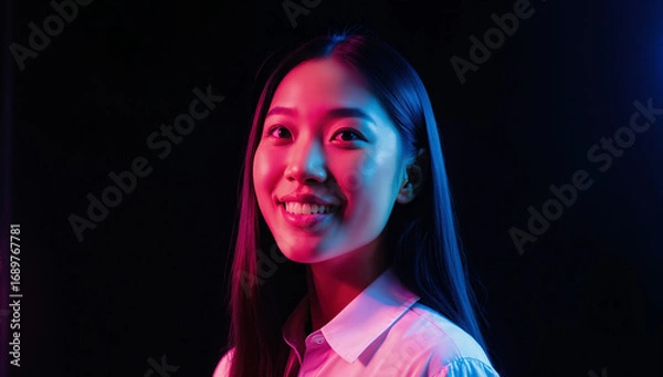 Fototapeta A woman with long hair smiles brightly under colorful studio lighting. Her outfit is simple, emphasizing her joyful expression against a dark background, capturing a moment of happiness