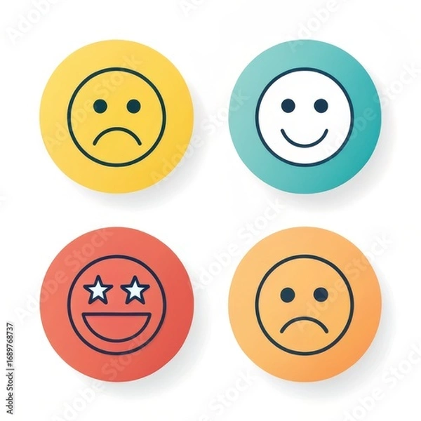 Fototapeta Four colorful round emoji icons with different expressions isolated on white background