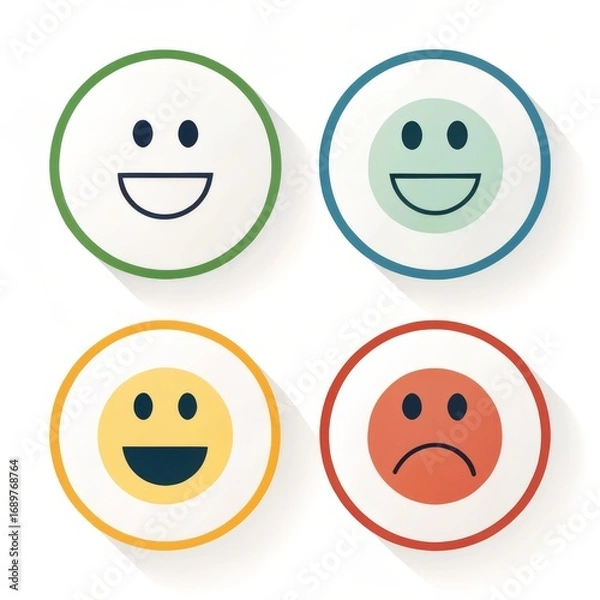 Fototapeta Four colorful smiley faces with different expressions isolated on white background