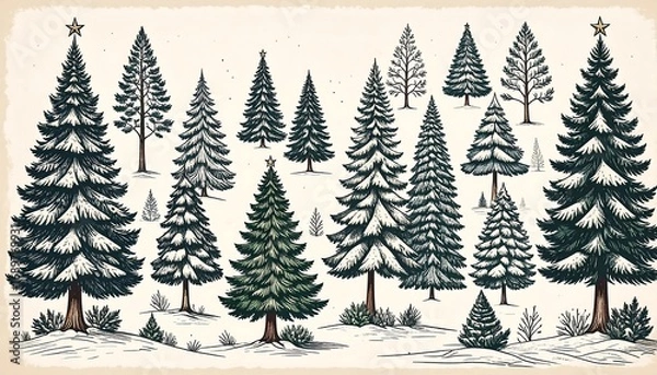 Obraz Winter forest scene with various pine trees