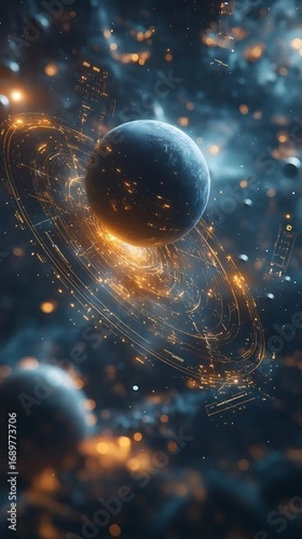 Obraz Planet glowing rings digital render images