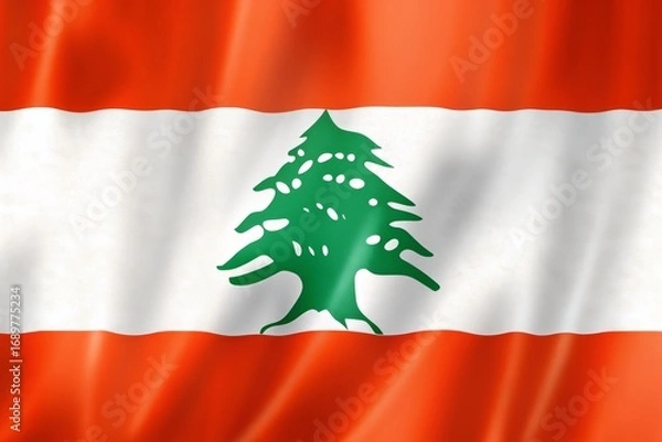 Fototapeta Waving flag of lebanon with a cedar tree in the center of the flag