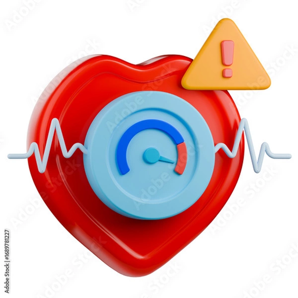 Fototapeta Hypertension 3d icon, with barometer gauge shows high blood pressure indicator, warning sign and pulse line on heart shape.