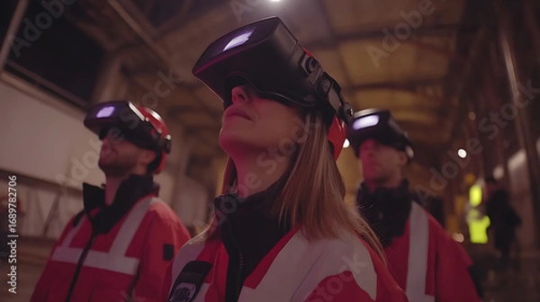 Fototapeta Team of professionals using virtual reality headsets in an industrial setting