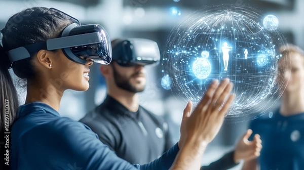 Fototapeta Individuals using VR headsets interact with a digital globe displaying human figures and data points.