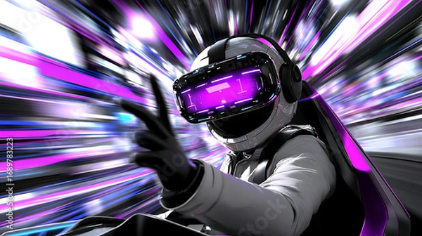 Fototapeta Person in VR Helmet Gesturing Amidst Vibrant, Dynamic Background