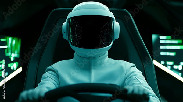 Fototapeta Person in futuristic suit and helmet driving a high-tech vehicle