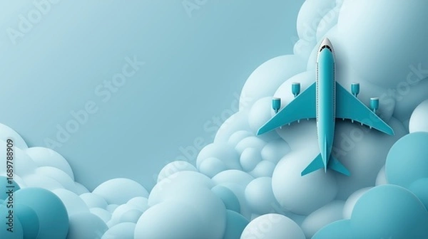 Fototapeta Airplane flying through clouds in paper cut style illustration