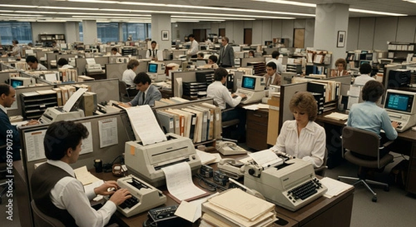 Obraz A Glimpse into the 1980s Office: Busy Workers in a Retro Workplace Setting