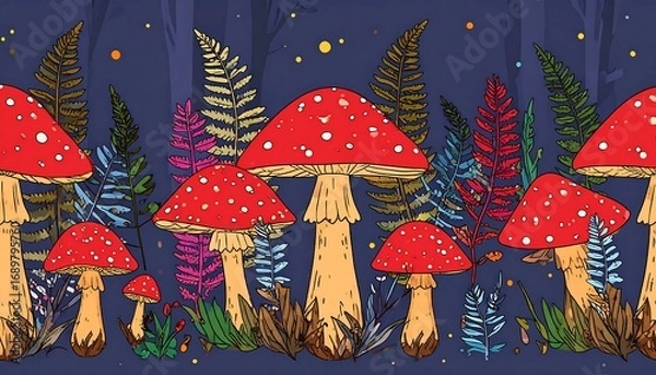 Fototapeta Night forest scene with vibrant red mushrooms and colorful ferns