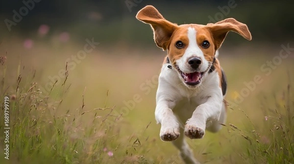 Fototapeta Energetic beagle racing with joy