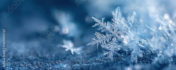 Fototapeta Icy macro of delicate christmas snowflake pattern on glass, cool blue tones, frost crystals in sharp focus, soft blur background, high contrast, generous copy space for text.